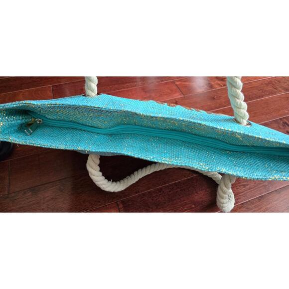 Beach Bag Summer Vibes Metallic Turquois Canvas Tote Sequin Vacation - Picture 5 of 7
